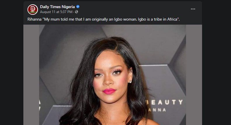 A Pulse fact-check on this quote purportedly by Rihanna (Facebook/Daily Times Nigeria)