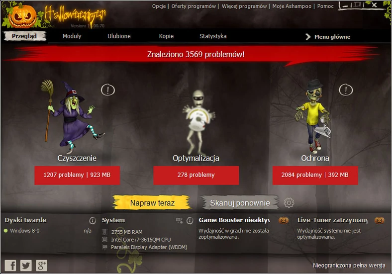 Główne okno programu do optymalizacji systemu Windows - Ashampoo WinOptimizer 11: The Halloweenizer