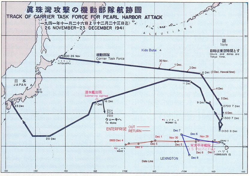 Marszruta japońskiego zespołu uderzeniowego Kidō Butai w drodze do i z Pearl Harbor