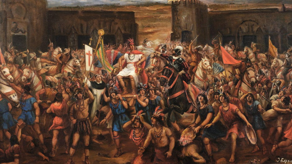 Pojmanie Atahualpy przez Hiszpanów, obraz olejny Juana Lepiani ok. 1920 roku. (domena publiczna)