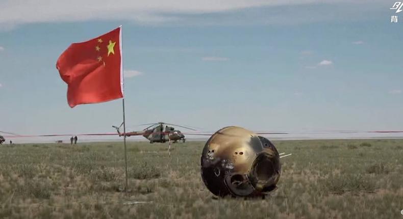 China's Chang'e-6 lunar module after landing in Mongolia on Tuesday.Screenshot via CCTV