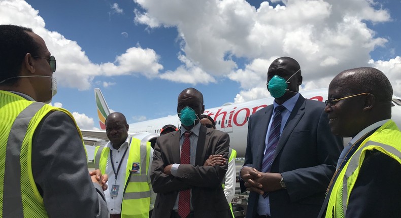 Kenya’s Ministry of Health officials receiving the country’s share of Jack Ma Foundation donation at JKIA. 6 million face masks belonging to German army allegedly misplaced at JKIA