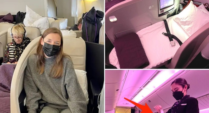 Insider's author was surprised by business-class perks like hot towels and lie-flat beds on her long-haul flight.Monica Humphries/Insider