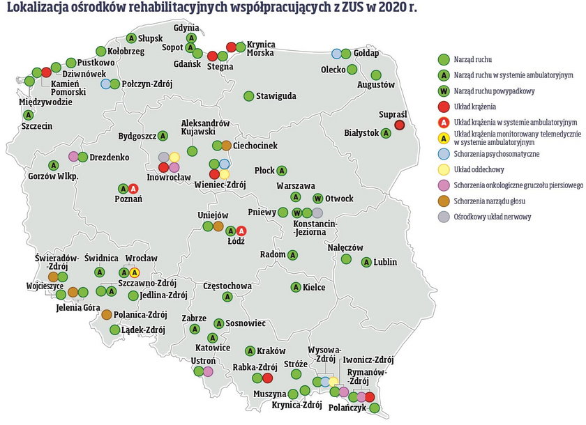 Mapa ośrodków współpracujących z ZUS w 2020 r.