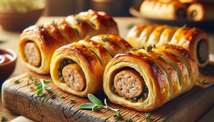 An AI-generated image of perfectly flaky, juicy, homemade sausage rolls