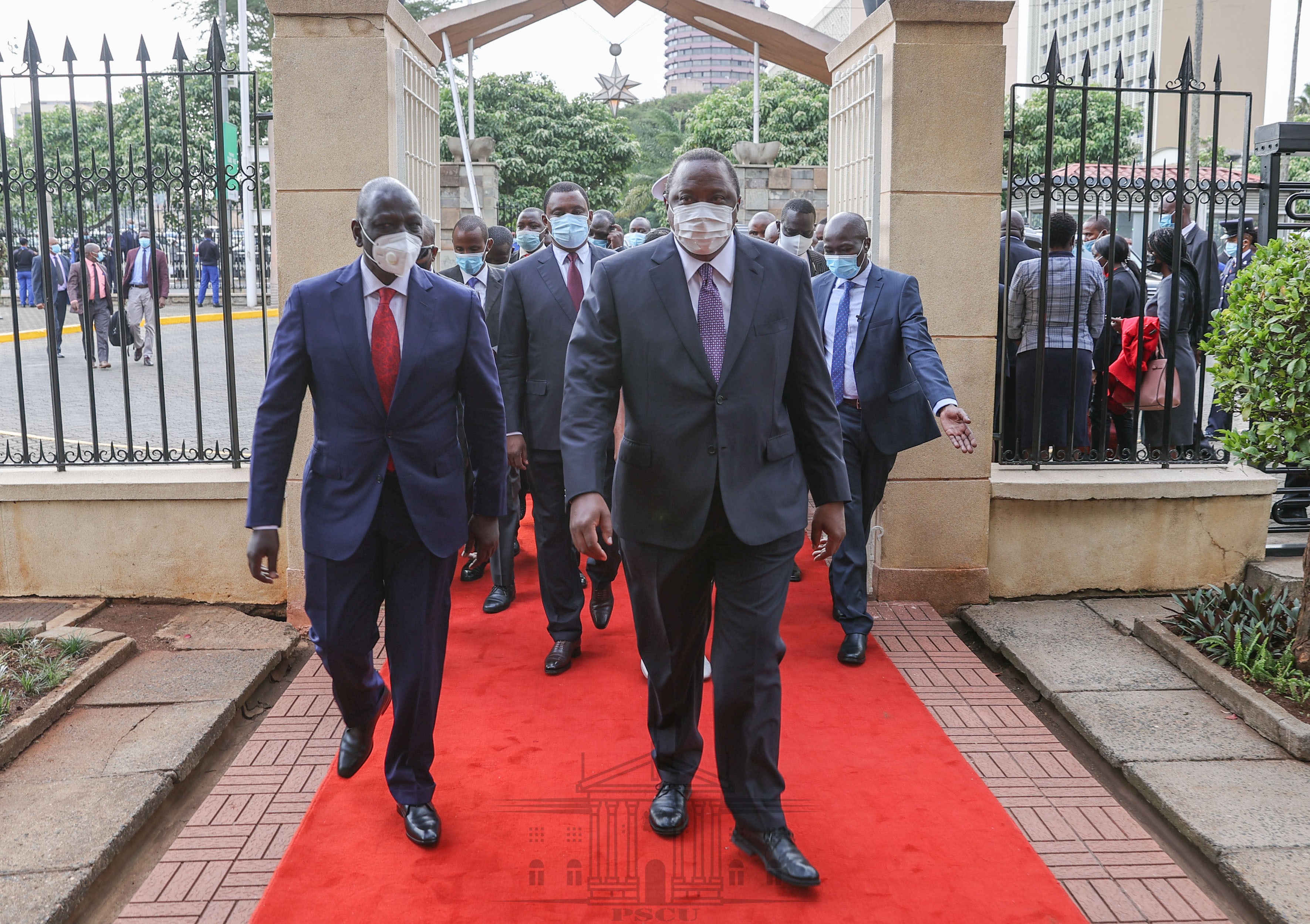 President Uhuru Kenyatta and his Deputy William Ruto at Parliament Buildings in Nairobi County for the 18th Annual National Prayer Breakfast.