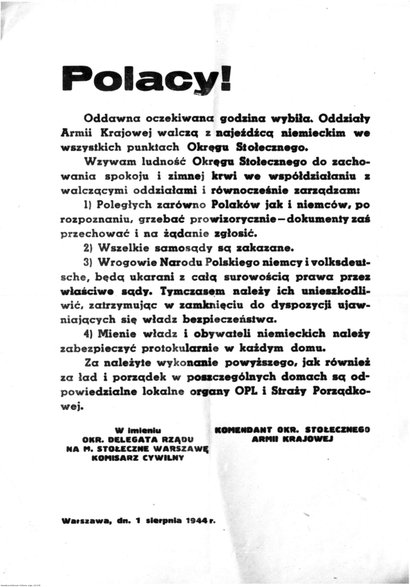 Ulotka dowództwa Armii Krajowej zawiadamiająca o rozpoczęciu Powstania Warszawskiego