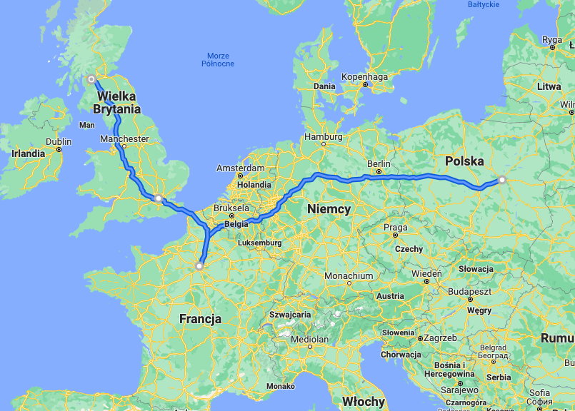 Autobusowa trasa Warszawa - Glasgow (przez Paryż i Londyn) to w sumie 2700 km