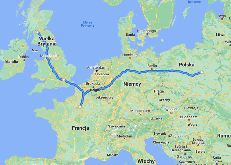 Autobusowa trasa Warszawa - Glasgow (przez Paryż i Londyn) to w sumie 2700 km