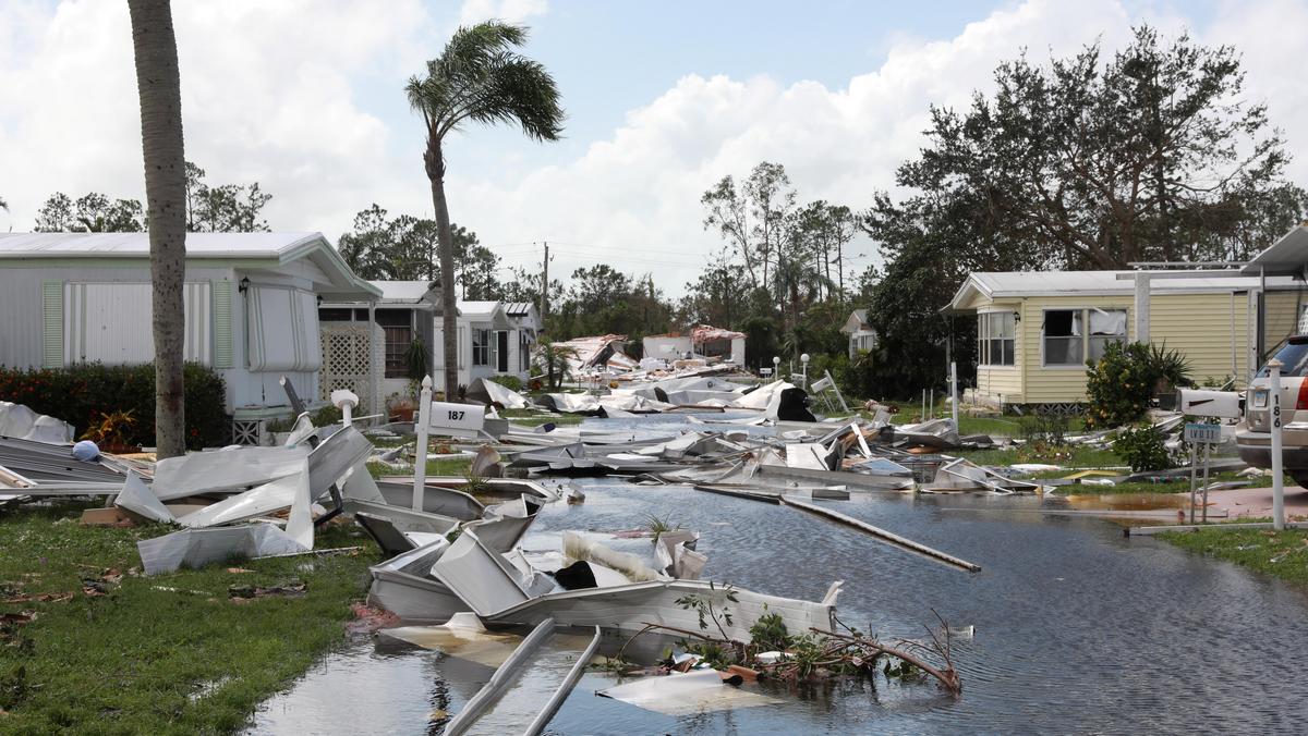 Property damage is seen at a mobile home park after passing of Hurricane Irma in Naples