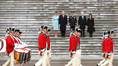 Donald Trump with first lady Melania Trump, Maj. Gen. Bradley Becker, Vice President Mike Pence and 