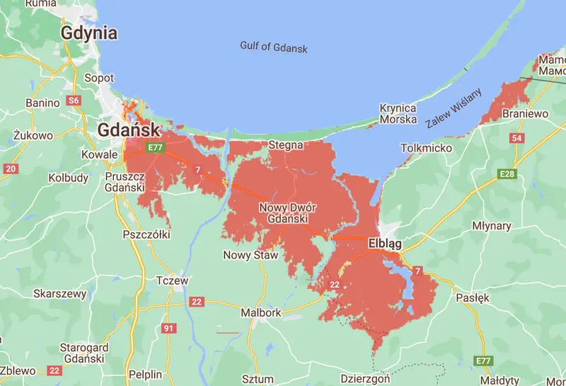 Mapa Climate Central przedstawiająca tereny zagrożone podniesieniem się poziomu morza.