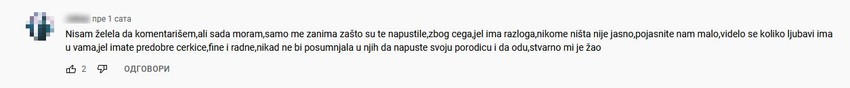 Komentari na Jutjub kanalu Anđele i Nađe Đorđević