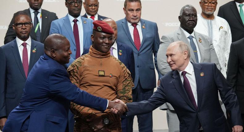 Putin with African leaders and heads of delegations at the Russia-Africa summit in St. Petersburg on July 28.ALEXEY DANICHEV/POOL/AFP via Getty Images