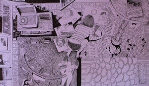 Pitanje nadahnuća - nema veze, imaš posao, fajnlajner na papiru, 50x70 cm, 2024