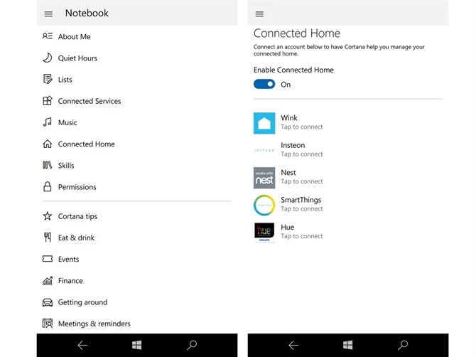 Sekcja Connected Home w Cortana Notebook