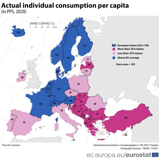 Mapa dobrobytu w UE - AIC per capita