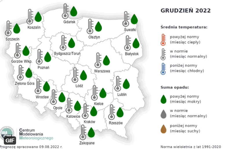 Prognoza temperatury i opadów na grudzień