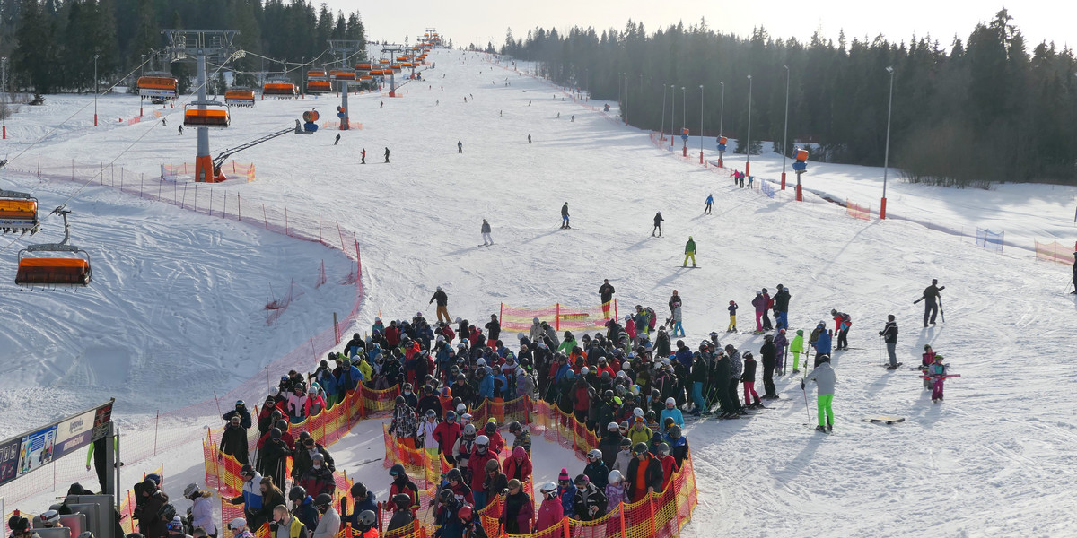 Ruszają ferie zimowe 2024. Na zdjęciu kolejka do wyciągu narciarskiego w Białce Tatrzańskiej