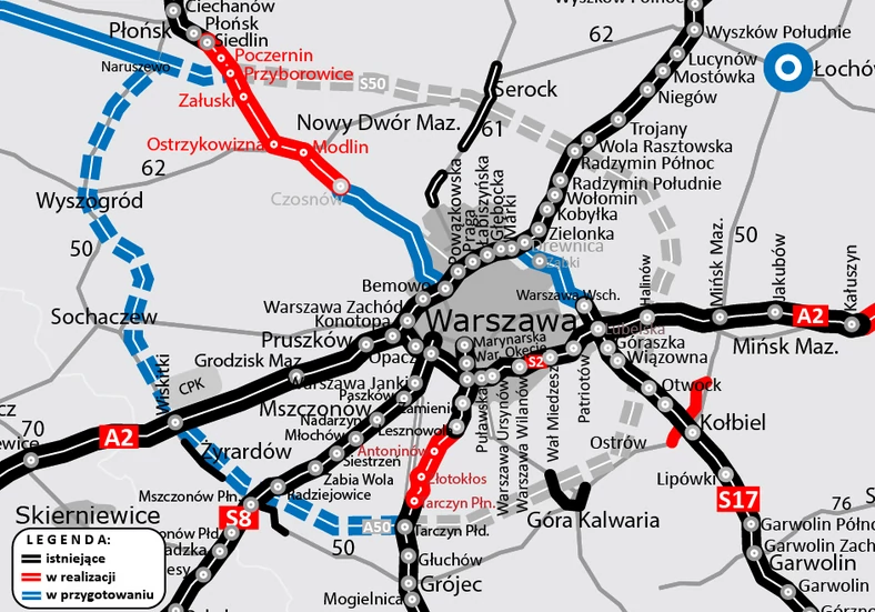 Mapka Warszawskiego Węzła Drogowego - grudzień 2022