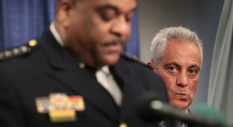 Chicago Mayor Rahm Emanuel listens as Police Superintendent Eddie Johnson speaks at a press conference called by U.S. Attorney General Loretta Lynch on January 13, 2017 in Chicago, Illinois