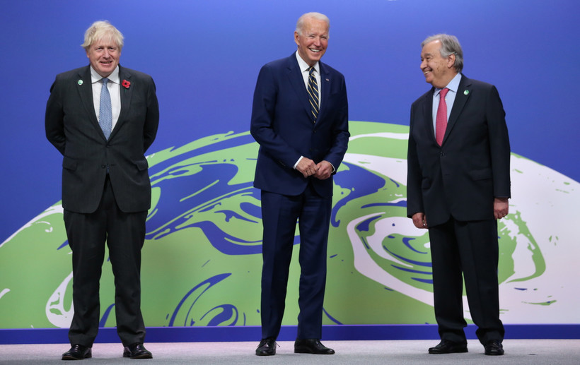 Boris Johnson, Joe Biden i Antonio Guterres podczas COP26