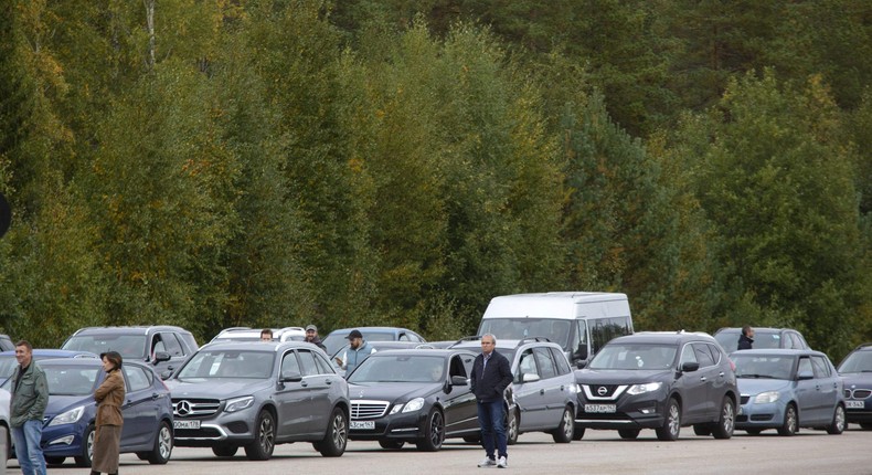 Russian border checkpoints have seen a surge in traffic, including at this one at the Russia-Finland border on September 23. Kazakhstan, where the Cinema Park theater is located, has seen a spike in Russians arriving, authorities there have said.