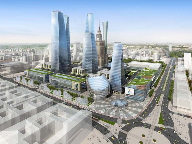 Plac Defilad z nowymi budynkami