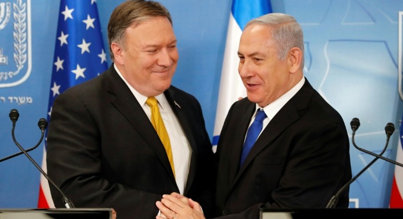 US Secretary of State Mike Pompeo (L) is greeted by Israeli Prime Minister Benjamin Netanyahu at the Ministry of Defence in Tel Aviv on April 29, 2018