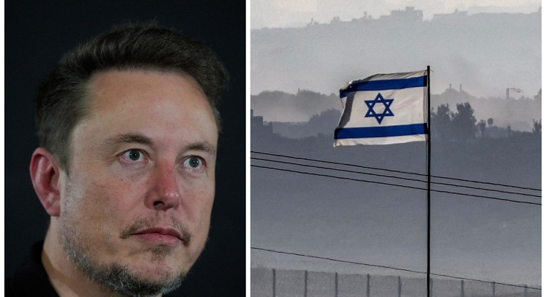 Elon Musk, left, and an Israeli flag, right, near the Gaza border, in a composite image.Getty Images