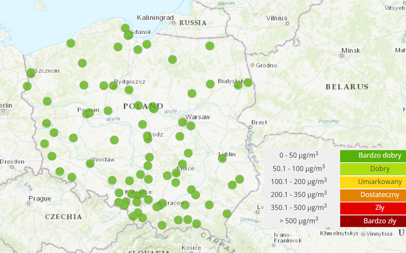 Stężenie dwutlenku siarki w Polsce w poniedziałek rano