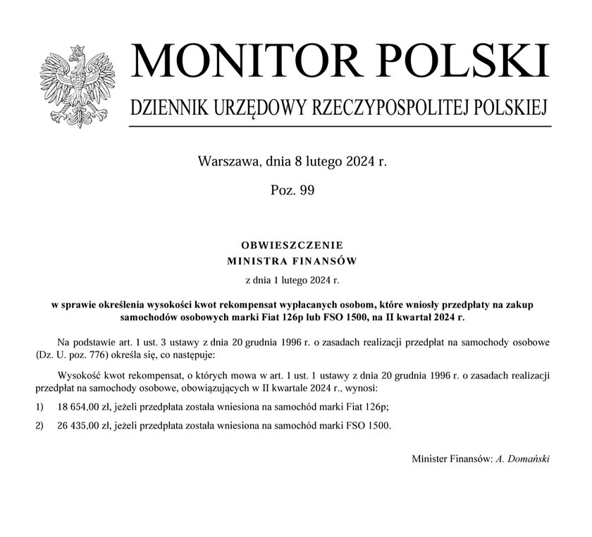 Ile można dostać za fiata? Jest nowe obwieszczenie resortu finansów.