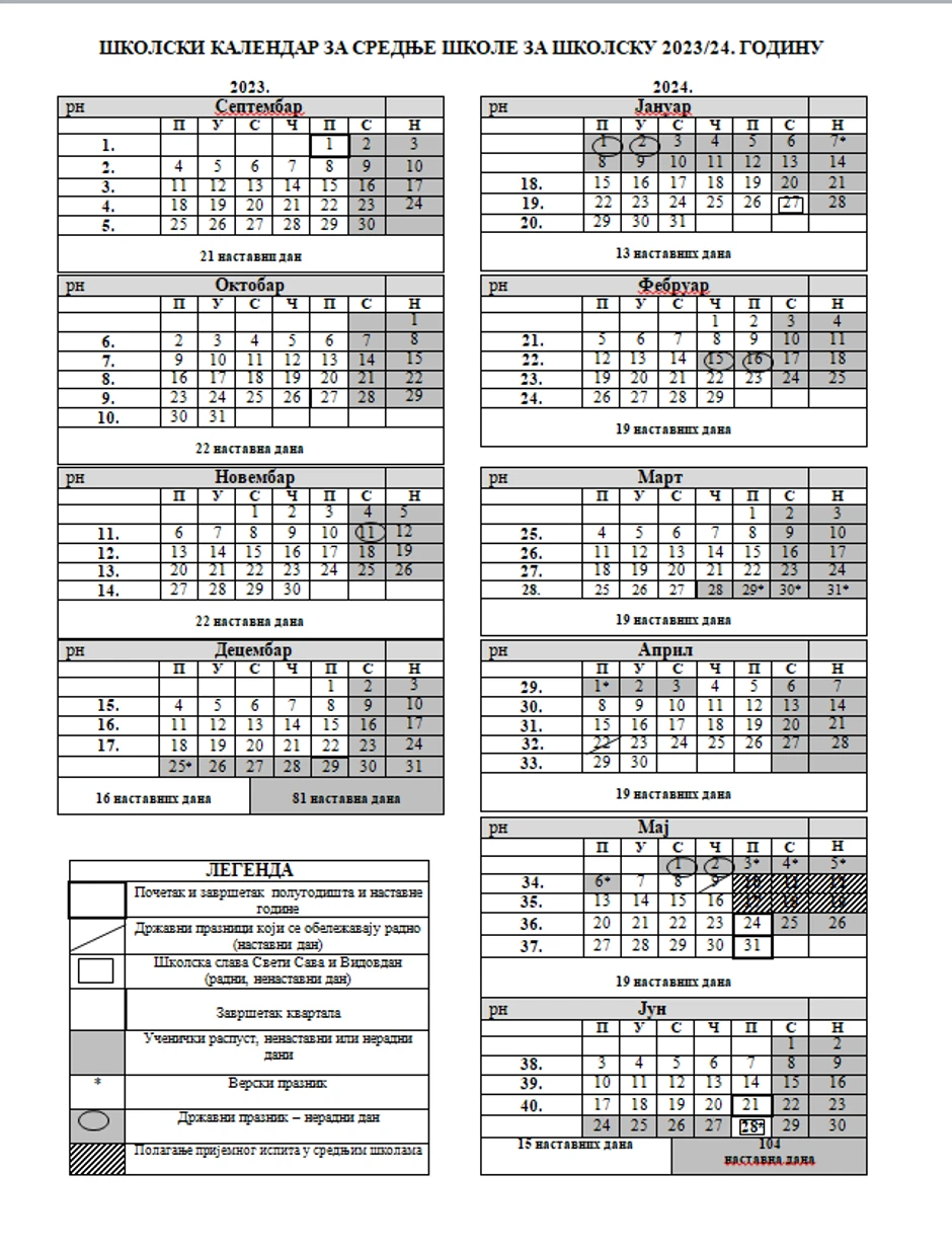 Školski kalendar za srednje škole u Vojvodini 2023 i 2024