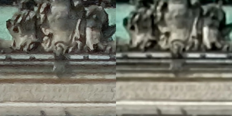 Wycinki z powyższych zdjęć - po lewej z kadru 108 MP interpolowanego do rozdzielczości 12 MP, po prawej z kadru 12 MP