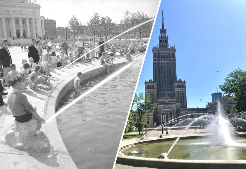 Fontanna w parku przy ul. Świętokrzyskiej zaraz po otwarciu PKiN w 1955 r. oraz w maju 2023 r.