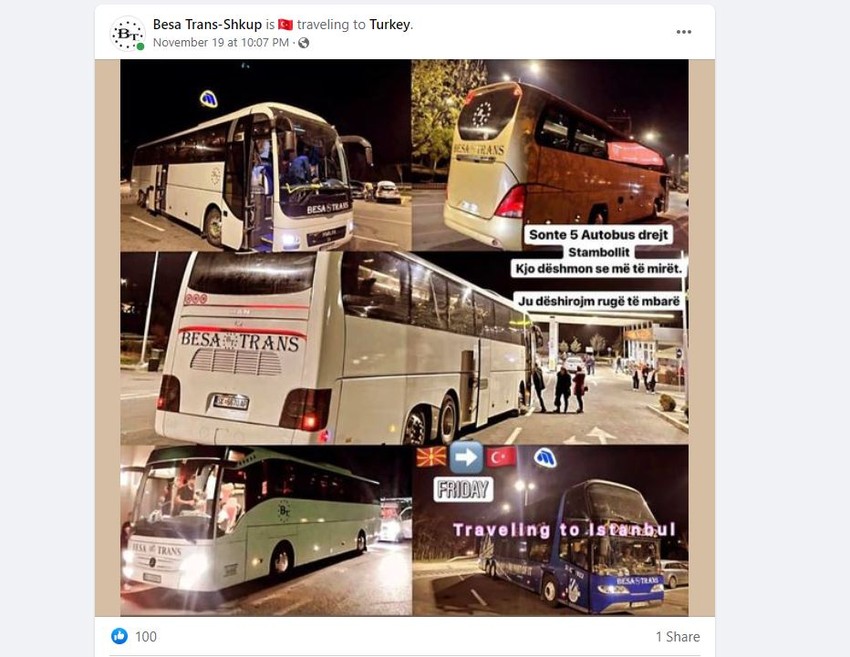 Pre polaska turistička agencija "Besa" objavila je na Fejsbuk stranici fotografije pet autobusa koji su krenuli za Istanbul