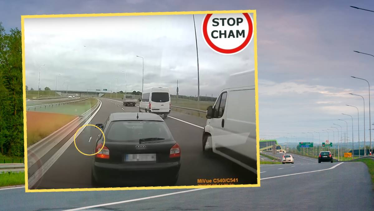 Kierowca Audi zatrzymał auto na lewym pasie. Z okien wyleciały nieznane przedmioty (screen: STOP CHAM/YouTube)