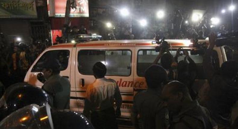 An ambulance carrying the body of Islamist opposition leader Ali Ahsan Mohammad Mujahid comes out of the Dhaka Central Jail after his execution on Sunday, November 22, 2015.