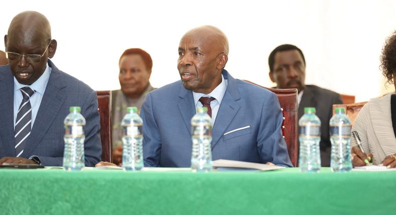 Education CS Ezekiel Machogu, PS Belio Kipsang and TSC CEO Nancy Macharia during the release of the 2023 KCPE exam results in Nairobi on November 23, 2023