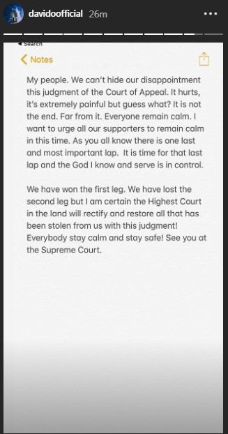 Davido shares his thoughts on his uncle's defeat at the appeal court [Instagram/DavidoOfficial] 