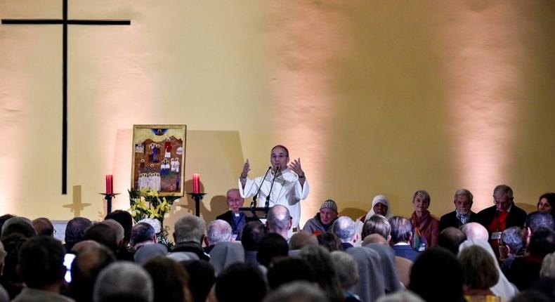 Jean-Paul Vesco, the French Dominican Bishop of the Roman Catholic Diocese of Oran, speaks during a spiritual vigil ahead of the beatification of seven French monks and 12 other clergymen killed during the Algerian civil war