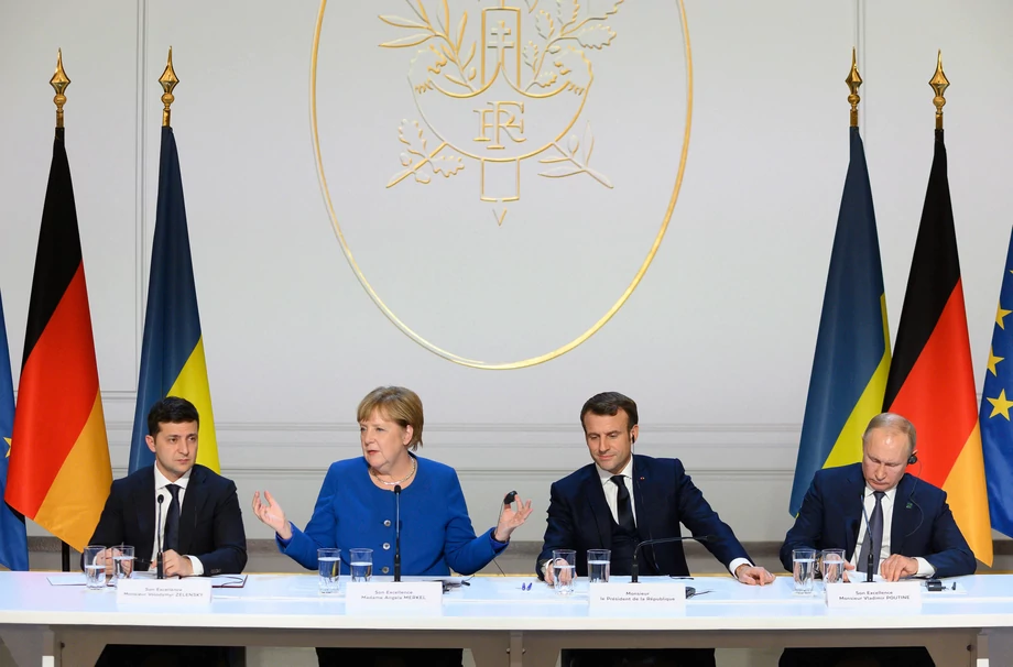 Szczyt czwórki normandzkiej w Paryżu. Od lewej: Wołodymyr Zełenski, Angela Merkel, Emmanuel Macron, Władimir Putin, 9.12.2019