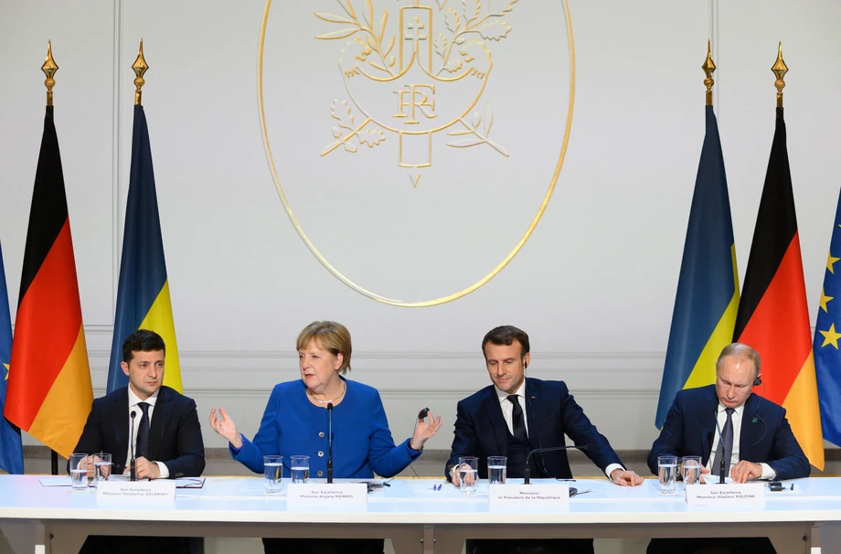 Szczyt czwórki normandzkiej w Paryżu. Od lewej: Wołodymyr Zełenski, Angela Merkel, Emmanuel Macron, Władimir Putin, 9.12.2019