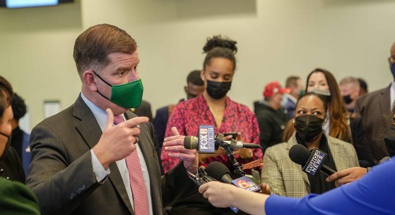 Labor Secretary Marty Walsh speaks to press at Delgado Community College on February 07, 2022 in New Orleans, Louisiana.