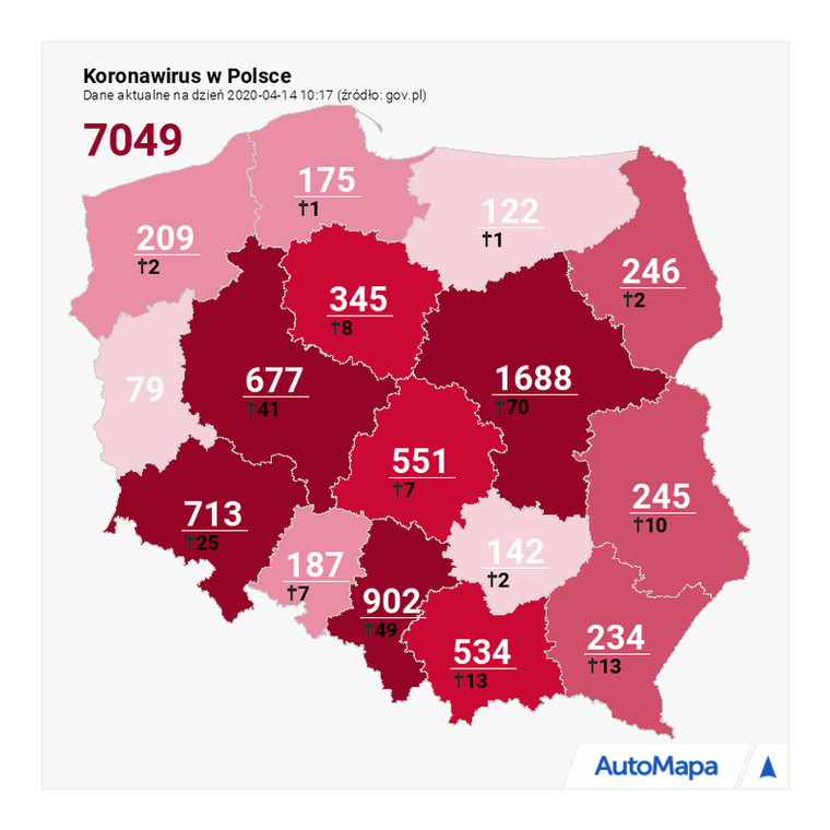 Mapa zarażeń i zgonów spowodowanych koronawirusem. Fot. Automapa.pl