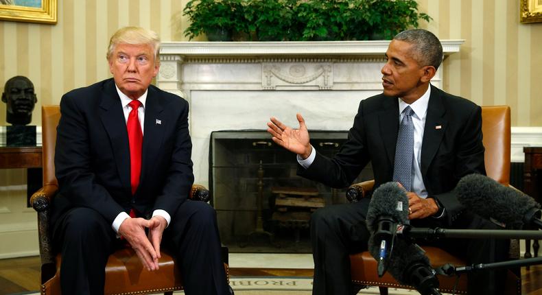 President Barack Obama meets with President-elect Donald Trump to discuss transition plans in the White House Oval Office in Washington, U.S., November 10, 2016.