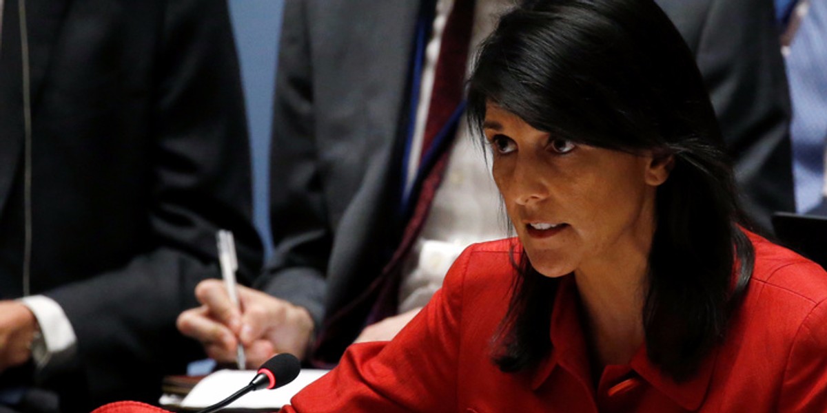 US Ambassador to the United Nations Nikki Haley directs comments to the Russian delegation at the conclusion of a UN Security Council meeting to discuss the recent ballistic missile launch by North Korea at U.N. headquarters in New York