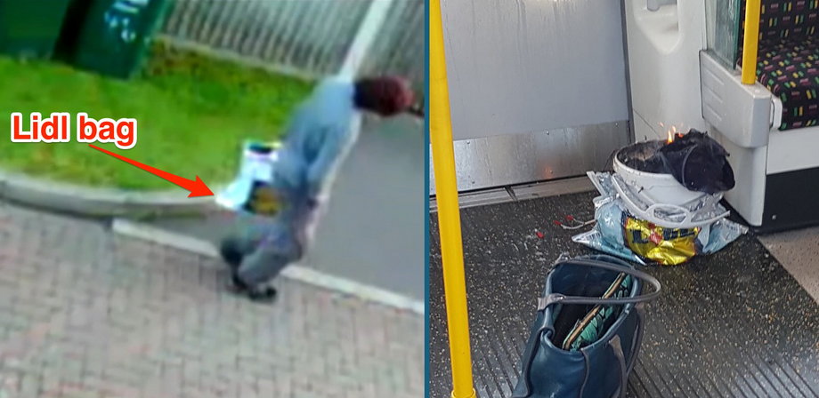 Side-by-side images of CCTV footage recorded on the morning of the Parsons Green terror attack, and the bomb which went off on a London Underground train.