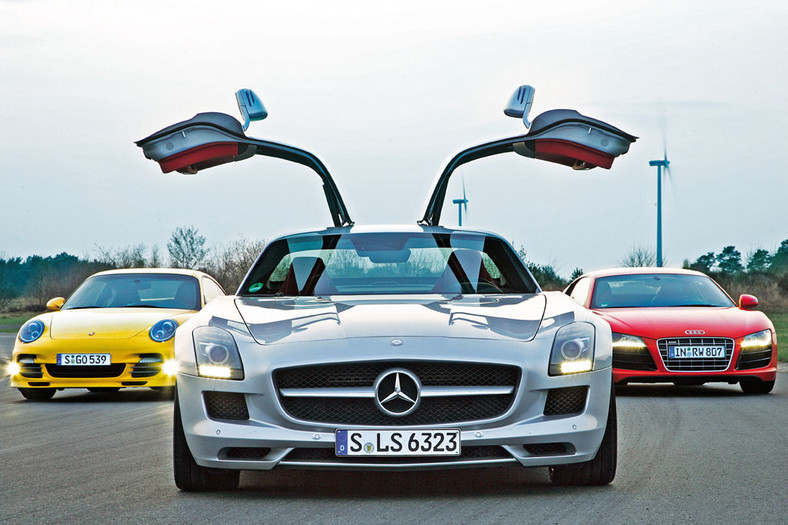 Czy skrzydlaty Mercedes zostanie superdominatorem? Mercedes SLS AMG kontra Porsche 911 Turbo i Audi R8 5.2 FSI