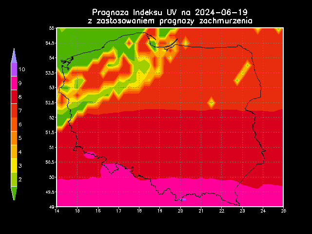 Prognoza indeksu UV na środę (z zastosowaniem prognozy zachmurzenia)